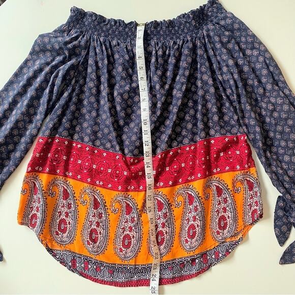 Beachlunchlounge Womens' Off The Shoulder Peasant Blouse Boho Blue Orange Small - Picture 4 of 7